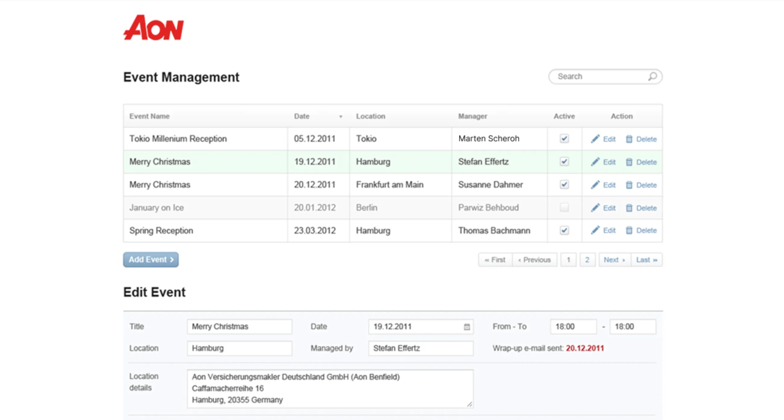 Produkt-Screenshot der Eventmanagement-Software: Event-Übersicht mit Bearbeitungsmaske